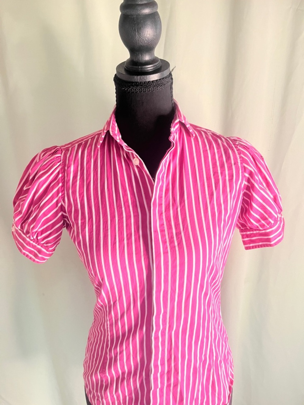 Ralph Lauren Pink Striped Puff-Sleeve Button-Front Women's Cotton Size 2